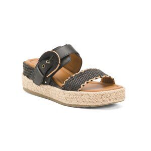 EARTH Black Leather Colla Platform Comfort Wedge Sandals